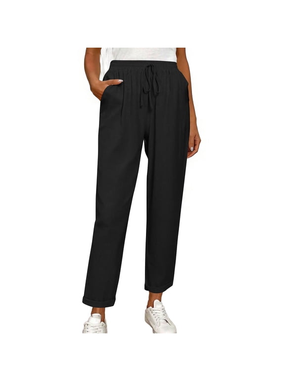 Summer High Waist Pants for Women Casual Loose Ankle Length Pants Work Office Solid Color Trousers