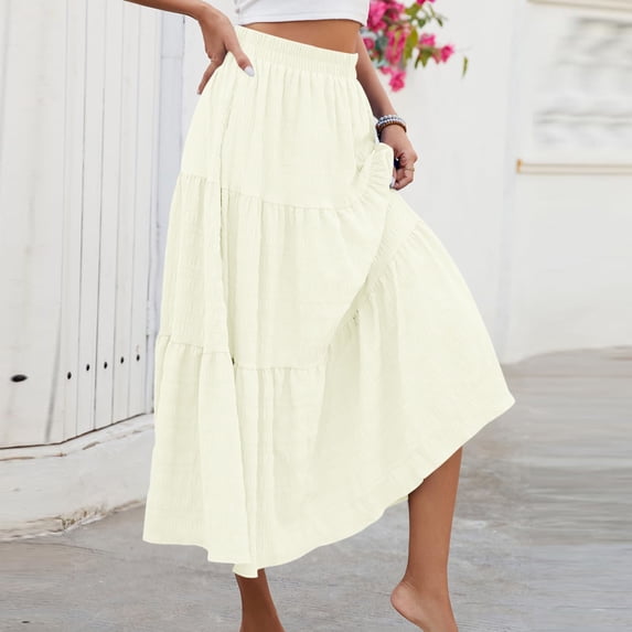 POIUYTR Summer Maxi Skirts for Women Casual Elastic High Waist Ruffle Hem Skirt Vacation Smock Flowy Skirts