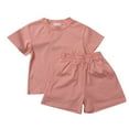 thumbnail image 1 of POIUYTR Toddler Baby Boys Girls Summer Outfit Cotton Short Sleeve Crewneck Solid Color T-Shirt Top and Elastic Waist Shorts 2Pcs Clothes Sets, 1 of 4