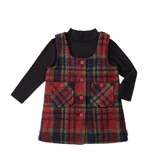 POIUYTR Toddler & Kid Girls' Winter Dress Set - Wool-Blend Plaid Overall Dress + Long Sleeve Shirt Base Layer for Christmas Parties 1-10 Years