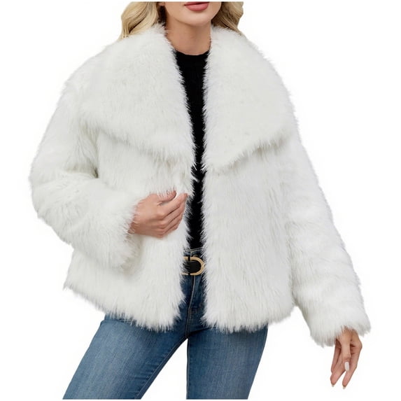 POIUYTR Winter Faux Fur Fuzzy Coat for Women, Long Sleeve Open Front Sherpa Fleece Jacket, Warm Lightweight Outerwear