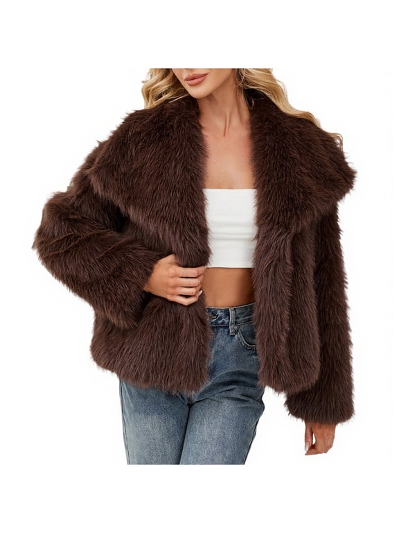 Winter Faux Fur Fuzzy Coat for Women, Long Sleeve Open Front Sherpa Fleece Jacket, Warm Lightweight Outerwear