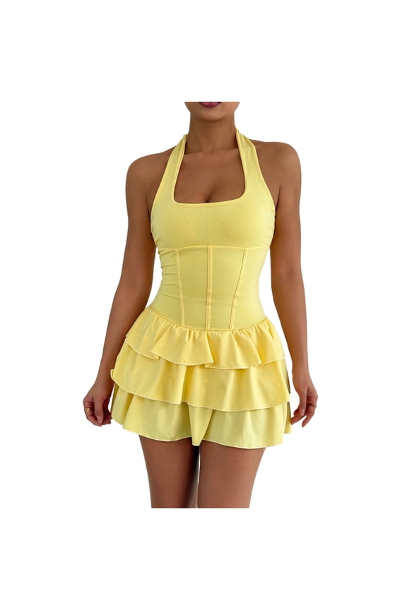 Women Casual Beach Halter Dress Summer Ruffle Hem Sleeveless Dresses Vacation Tiered Mini Sundress