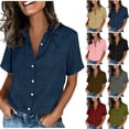 thumbnail image 1 of POIUYTR Women Casual Loose Shirts Summer Vintage Collared Button Short Sleeve Blouses Business Work Comfy Soft Solid Color Tops, 1 of 6