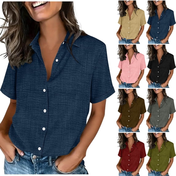 POIUYTR Women Casual Loose Shirts Summer Vintage Collared Button Short Sleeve Blouses Business Work Comfy Soft Solid Color Tops