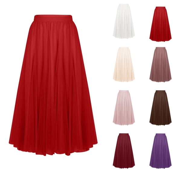 POIUYTR Women Casual Pleated Long Skirts Summer High Waist Flowy Solid Color Skirt Trendy Mesh Skirts