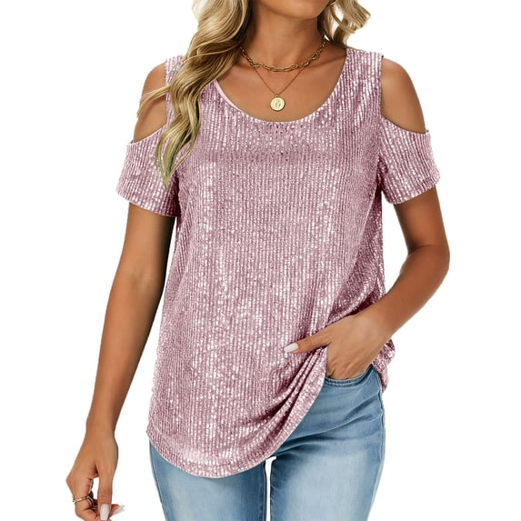 POIUYTR Women Casual Sparkly Sequins Shirts Summer Loose Crewneck Cold Shoulder Glitter Blouses Party Night Going Out Tops