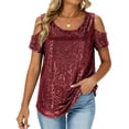 thumbnail image 1 of POIUYTR Women Casual Sparkly Sequins Shirts Summer Loose Crewneck Cold Shoulder Glitter Blouses Party Night Going Out Tops, 1 of 6