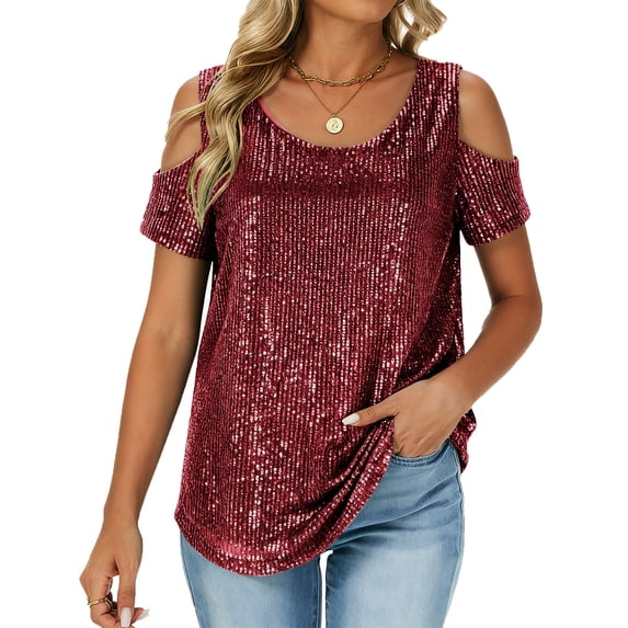 POIUYTR Women Casual Sparkly Sequins Shirts Summer Loose Crewneck Cold Shoulder Glitter Blouses Party Night Going Out Tops