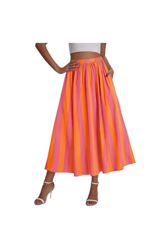 Women Casual Striped Maxi Skirt Summer Vacation High Waist A-Line Pleated Skirts Beach Flowy Long Skirts