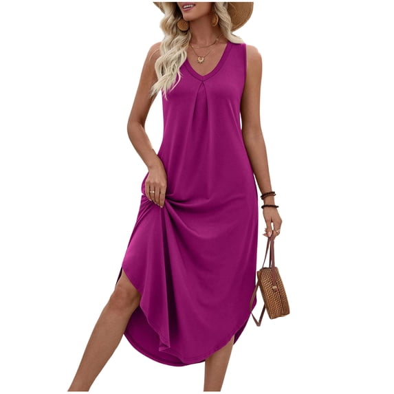 POIUYTR Women Casual Tank Dress Summer Loose V Neck Shift Sleeveless Dresses Vacation Solid Color Sundress