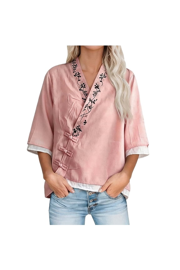Women Cotton Half Sleeve Shirts Summer Casual Knot Button V Neck Blouses Vintage Loose Embroidery Tops