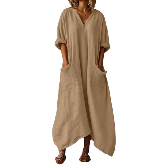 POIUYTR Women Cotton Linen Maxi Dress Summer Casual V Neck 3/4 Sleeve Dresses Irregular Hem Outfits With Pockets