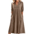 thumbnail image 1 of POIUYTR Women Cotton Linen Maxi Dress Summer V Neck 3/4 Sleeve High Waist Dresses Casual Loose Otufits With Pockets, 1 of 6