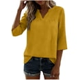 thumbnail image 1 of POIUYTR Women Cotton Linen Shirts Summer Casual V Neck 3/4 Sleeve Solid Color Tshirts Loose Fit Stretch Tops, 1 of 6