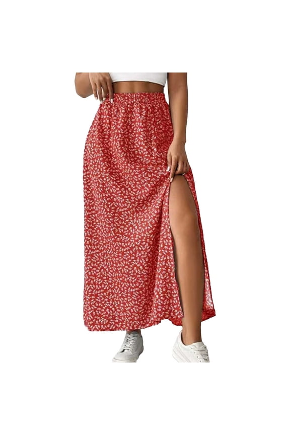 Women Elastic High Waist Skirts Summer Side Slit Ditsy Floral Skirt Casual Vacation Maxi Skirt