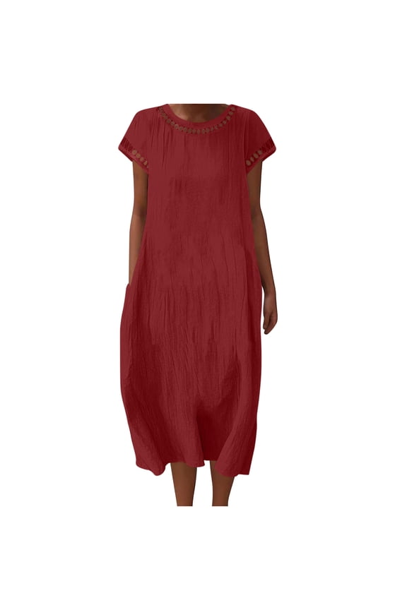 Women Faux Cotton Linen Dress Summer Crewneck Short Sleeve Shift Midi Dresses Casual Hollow Out Dress