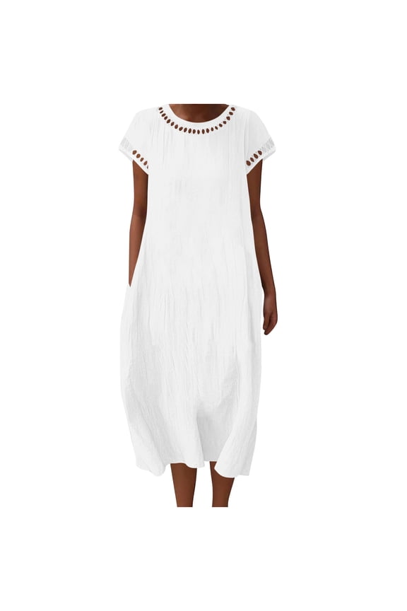 Women Faux Cotton Linen Dress Summer Crewneck Short Sleeve Shift Midi Dresses Casual Hollow Out Dress