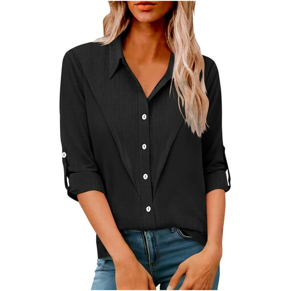 POIUYTR Women Faux Cotton Linen Shirts Summer Business Collared Short Sleeve Button Blouses Work Office Comfy Solid Color Tops
