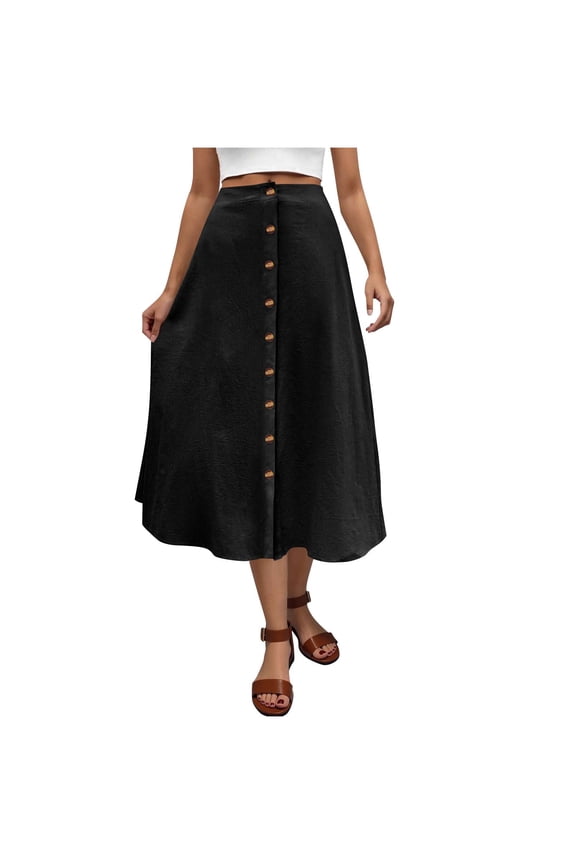 Women Faux Cotton Linen Skirts Summer High Waist Button Long Skirt Casual A-Line Flowy Skirts