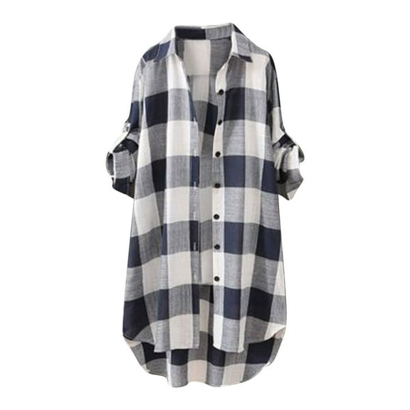 POIUYTR Women Oversized Button Down Shirts Plaid Long Sleeve Boyfriend Long Shirt Jacket Casual Loose Fit Blouses Tunics Fall Clothes
