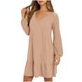 thumbnail image 1 of POIUYTR Women Ribbed Knit Dress Summer V Neck Long Sleeve Ruffle Hem Midi Dresses Casual Trendy Otufits, 1 of 6