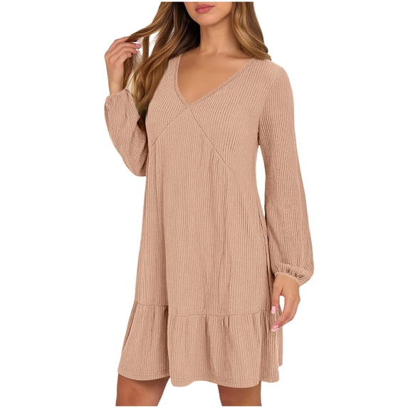POIUYTR Women Ribbed Knit Dress Summer V Neck Long Sleeve Ruffle Hem Midi Dresses Casual Trendy Otufits