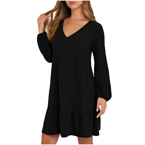 POIUYTR Women Ribbed Knit Dress Summer V Neck Long Sleeve Ruffle Hem Midi Dresses Casual Trendy Otufits