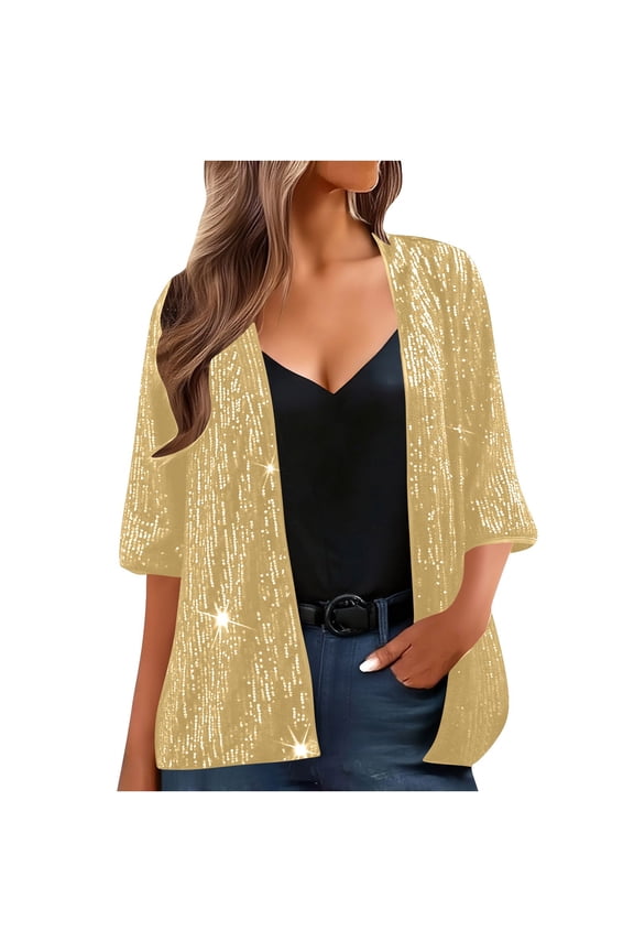 Women Sparkly Sequins Jackets Summer Loose Open Front 3/4 Sleeve Coats Casual Vacation Gliter Tops