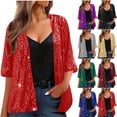 thumbnail image 1 of POIUYTR Women Sparkly Sequins Jackets Summer Loose Open Front 3/4 Sleeve Coats Casual Vacation Gliter Tops, 1 of 6