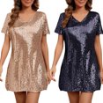 thumbnail image 1 of POIUYTR Women Sparkly Sequins Shift Dress Summer Party V Neck Short Sleeve Mini Dresses Casual Trendy Outfits, 1 of 6