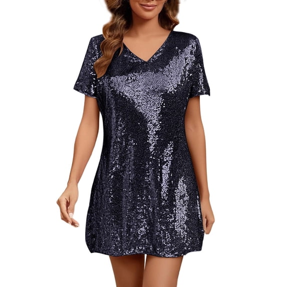 POIUYTR Women Sparkly Sequins Shift Dress Summer Party V Neck Short Sleeve Mini Dresses Casual Trendy Outfits