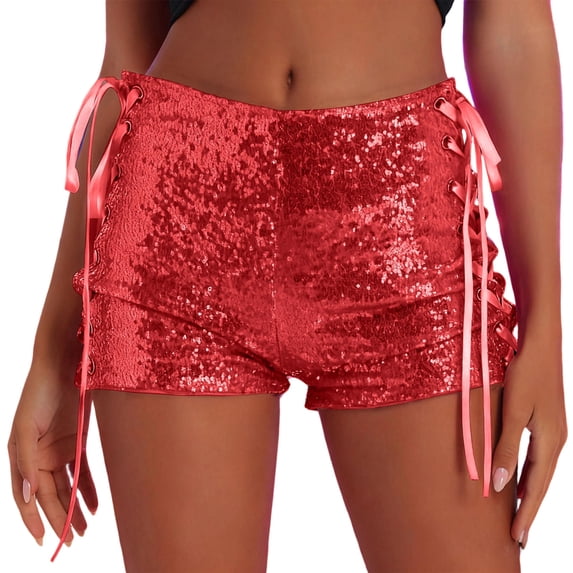 POIUYTR Women Sparkly Sequins Shorts Summer Elastic Waist Straight Leg Gliter Short Pants Casual Party Shorts