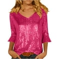 thumbnail image 1 of POIUYTR Women Sparkly Sequins Tshirts Summer Casual V Neck Flare 3/4 Sleeve Glitter Blouses Trendy Party Comfy Soft Tops, 1 of 6