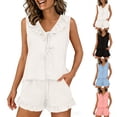 thumbnail image 1 of POIUYTR Women Summer 2 Piece Pajamas Sets Casual Ruffle V Neck Tank Tops Loose Pj Shots Comfy Soft Outfits, 1 of 6