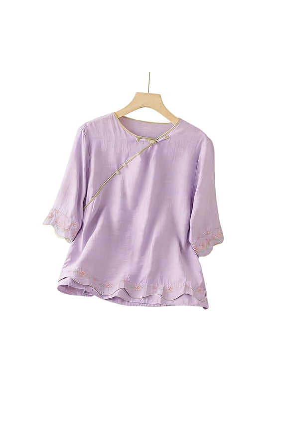 Women Summer Casual Shirts Loose V Neck Half Sleeve Knot Button Blouses Vintage Embroidery Tops