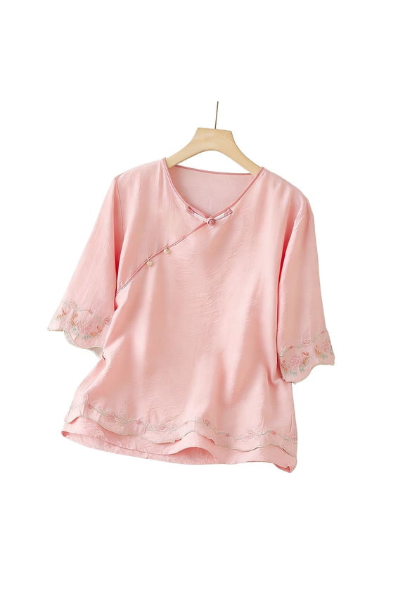 Women Summer Casual Shirts Loose V Neck Half Sleeve Knot Button Blouses Vintage Embroidery Tops