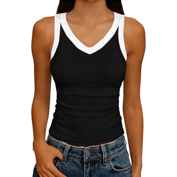 POIUYTR Women Summer Casual Tank Tops Slim Ribbed Knit Color Block Sleeveless Tshirts Comfy Stretch Camisole