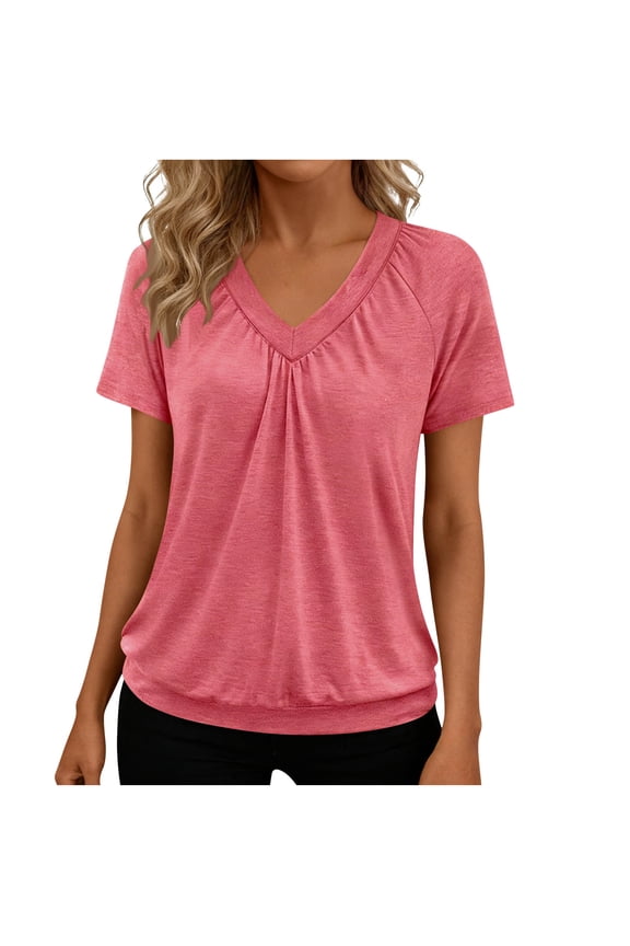 Women Summer Casual Tshirts Loose Fit V Neck Short Sleeve Blouses Basic Pleated Solid Color Tops