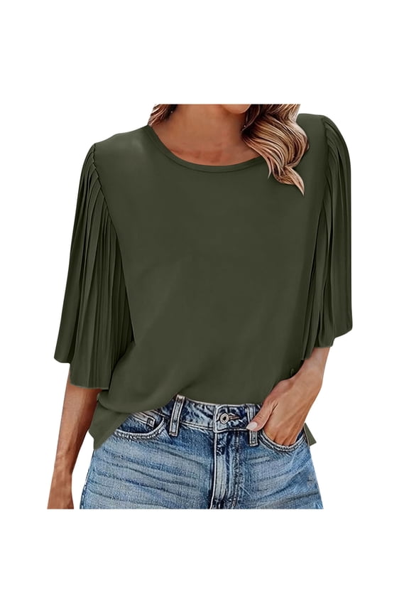Women Summer Chiffon Shirts Casual Crewneck Pleated Half Sleeve Back Button Blouses Loose Fit Tops