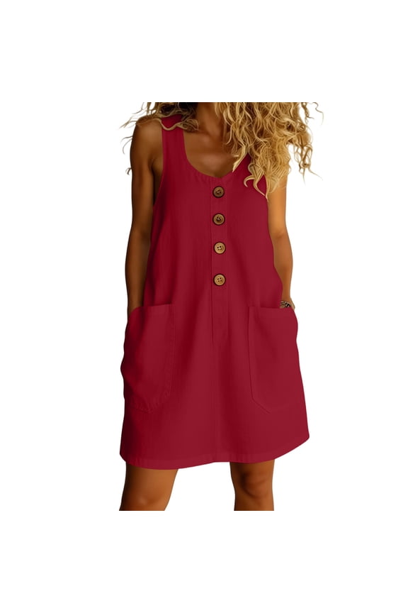 Women Summer Cotton Mini Dress Casual Scoop Neck Sleeveless Shift Dresses Beach Sundress With Pockets