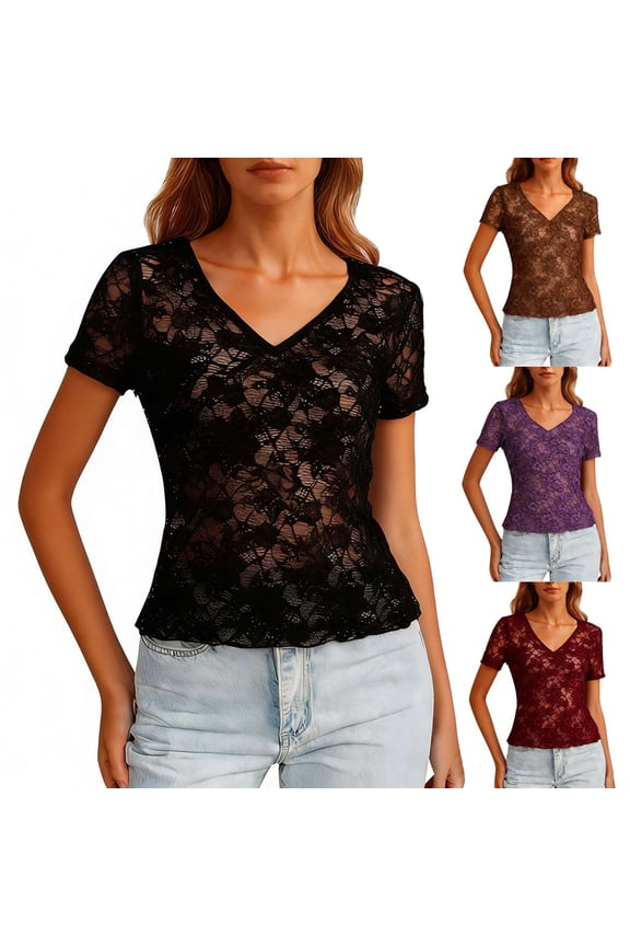 Women Summer Lace Shirts Casual Slim Soft V Neck Mesh See Through Short Sleeve Tshirts Soft Comfy Breathable Tops