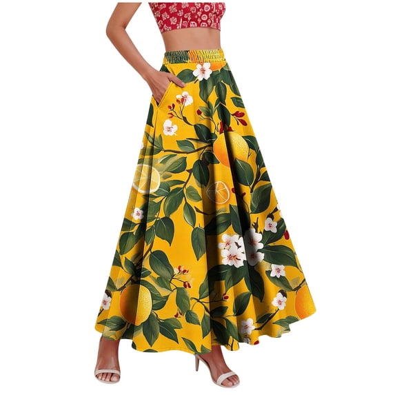 POIUYTR Women Summer Maxi Skirts Vacation High Waist A-Line Flowy Long Skirt Casual Floral Printed Skirts