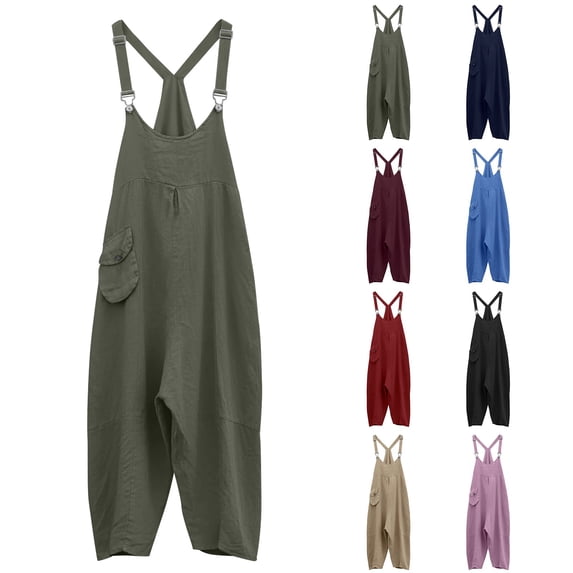 POIUYTR Women Summer Overalls Casual Solid Color Harem Jumpsuits Loose Adjustable Straps Trousers With Pockets