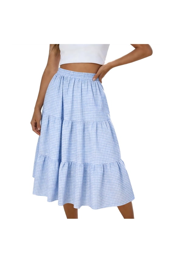 Women Summer Plaid Skirt Casual Elastic High Waist Smock Flowy Long Skirts Vacation A-Line Skirts