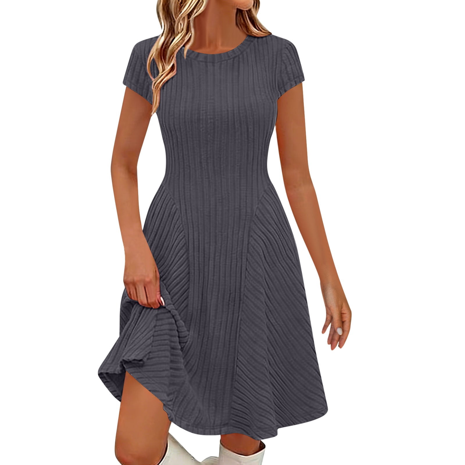 POIUYTR Women Summer Ribbed Knit Dress Casual Crewneck Nipped Waist ...