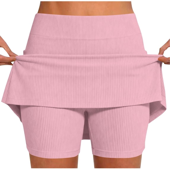 POIUYTR Women Summer Ribbed Knit Skorts Casual High Waist Yoga Skrts With Shorts Workout Stretch Sweat Shorts