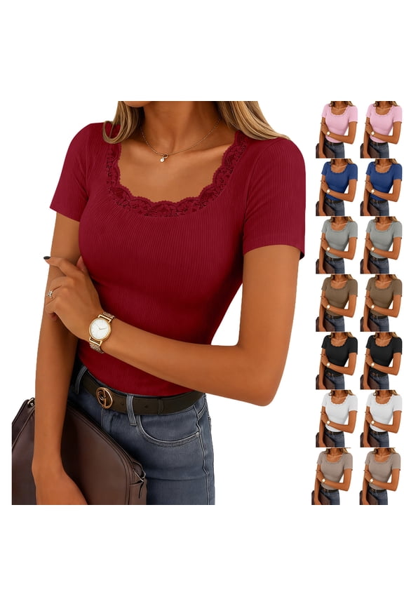 Women Summer Ribbed Knit Tshirts Casual Soft Lace Scalloped Neck Short Sleeve Tees Basic Trendy Comfy Solid Color Slim Tops