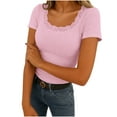 thumbnail image 1 of POIUYTR Women Summer Ribbed Knit Tshirts Casual Soft Lace Scalloped Neck Short Sleeve Tees Basic Trendy Comfy Solid Color Slim Tops, 1 of 6
