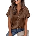 thumbnail image 1 of POIUYTR Women Summer Satin Silk Shirts Business Ruffle Collared Short Sleeve Button Blouses Work Office Casual Solid Color Tops, 1 of 6